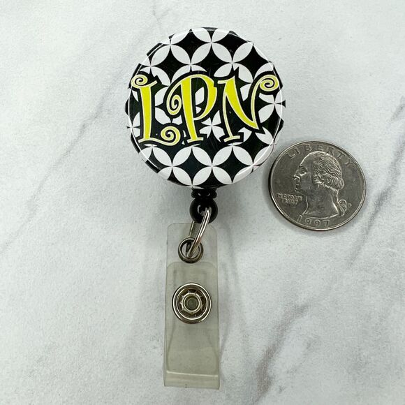 Black Yellow White LPN Nurse Clip On Retractable School Work Badge ID Holder - Picture 1 of 7